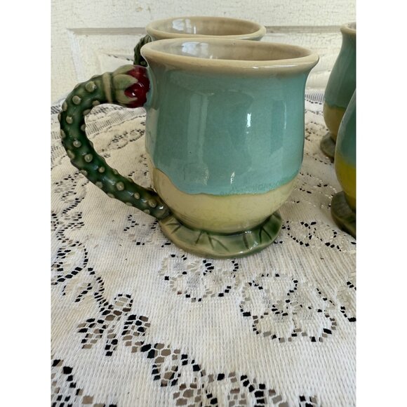 Vintage 80's Set 4 Majolica Pottery Mugs Cups Cactus blossom Handle - Picture 12 of 13